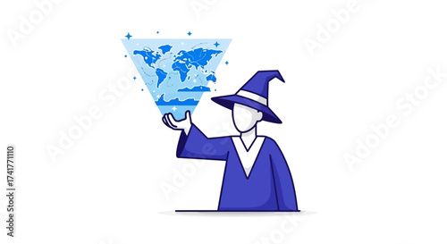 Magical wizard displaying a holographic projection of the world map illustration