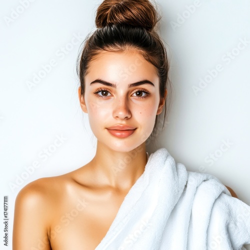 Young woman with natural beauty and clean skin, wrapped in white towel, portrait for beauty industry
