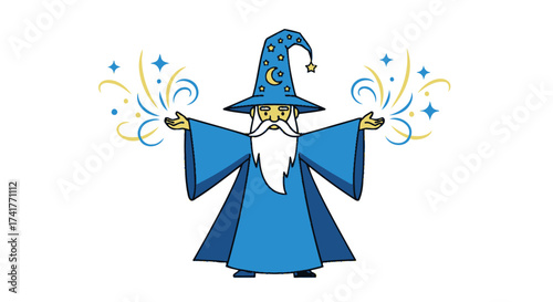 Magical Wizard Casting a Spell Cartoon Illustration isolated on White Background
