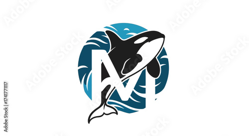 Dynamic orca logo with stylized ocean waves and a bold letter M creates a modern aquatic design