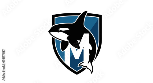 Elegant orca whale and initial M letter logo on blue shield for dynamic brand identity