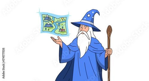 Cartoon wizard casting spell with map illustration and holding a wooden staff creating a magical
