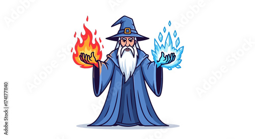 Cartoon Wizard Master of Fire and Ice, Symbolizing Power and Mystical Energy, illustration