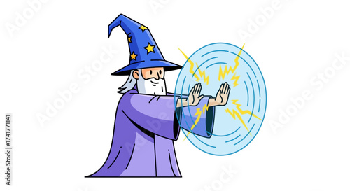 Enchanting wizard casting a powerful spell illustration with blue hat stars and robe