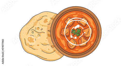 Delicious Paneer Butter Masala Dish with Naan Bread Illustration Vector Graphic