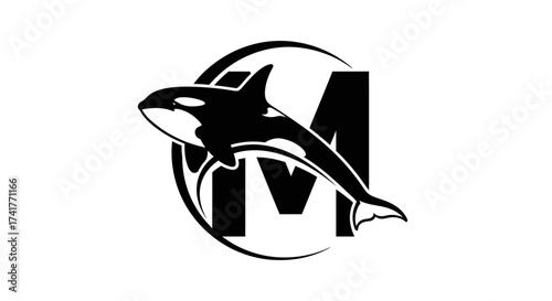 Elegant black and white logo featuring a killer whale intertwined with the letter M