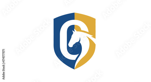 Elegant horse logo design featuring a shield shape with a horse head in negative space forming a