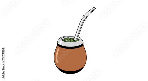 Illustration of yerba mate drink in a gourd with bombilla on a white background