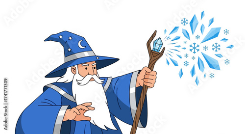 Cartoon illustration of a wizard casting a spell with a crystal staff on white backdrop