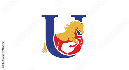 Dynamic horse integrated into a letter U logo design with vibrant colors showcasing movement and