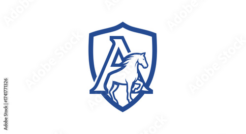 Elegant horse crest logo featuring letter A and shield in blue color design