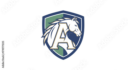 Elegant horse emblem featuring the letter A, crest design with equine imagery and modern artistic