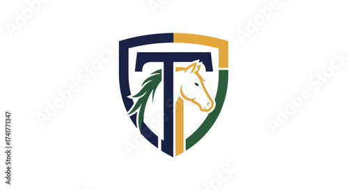 Elegant equestrian logo design featuring a horse head and the letter T within a shield