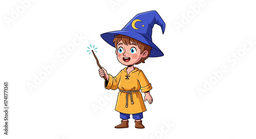 Charming cartoon illustration of a young wizard conjuring magic with his wand and hat