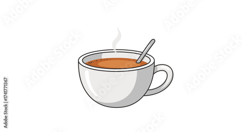 Charming cartoon illustration of a steamy cup of tea with a spoon on white background