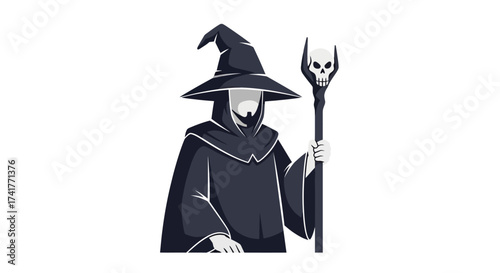 Mysterious sorcerer with skull staff in cloak and witch hat creating digital art illustration