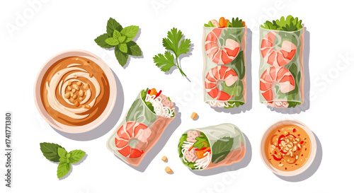 Delicious shrimp spring rolls with peanut sauce, a healthy and refreshing vietnamese cuisine