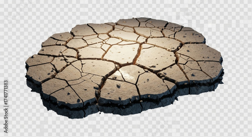 A close-up, high-angle shot showcases a patch of cracked earth, revealing a stark landscape of drought and ecological damage.