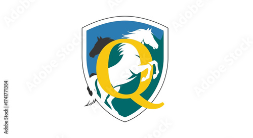 Elegant horse logo design with letter Q in gold with a shield background vector illustration