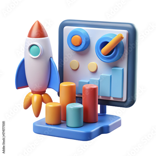 3d cartoon rocket ship launching from a platform with colorful cylinders and a futuristic computer screen