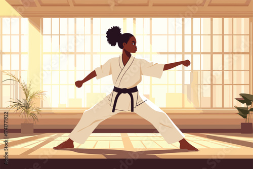 African woman performing martial arts pose in training hall vector illustration