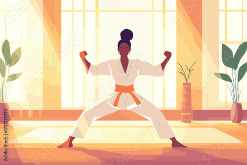 African woman performing martial arts pose in training hall vector illustration