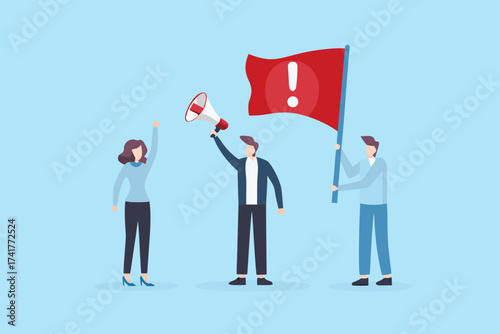 People protesting with a megaphone and a red flag with an exclamation mark symbol