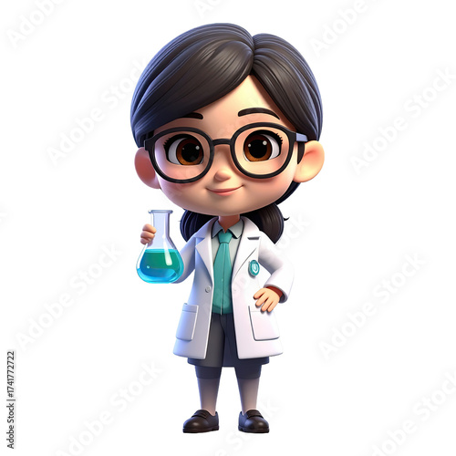 Cheerful cartoon scientist holds a laboratory flask filled with blue liquid, wearing round glasses, a white lab coat, and a teal tie with a badge.