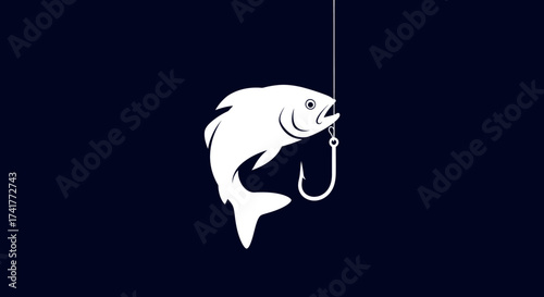 Minimalist fishing illustration featuring a white fish on a hook against a blue backdrop