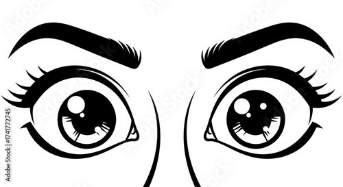 Expressive anime eyes with thick eyelashes and bold eyebrows in black and white style