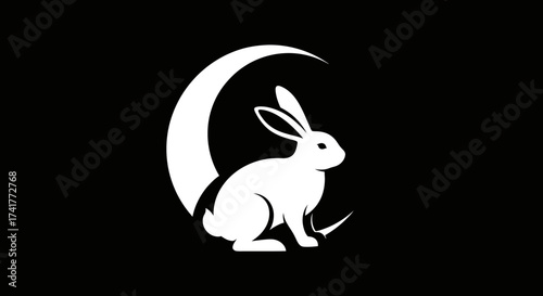 Elegant white rabbit silhouette against crescent moon on black background design