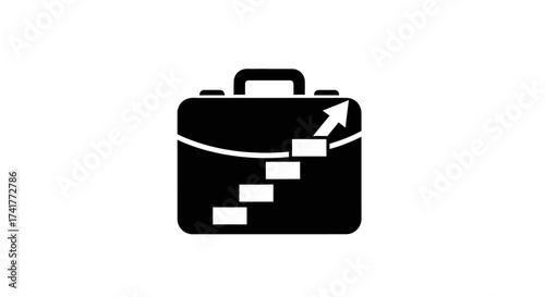 Business progress concept depicted by a briefcase with upward moving steps icon