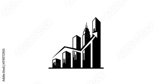 Graphical representation depicting upward growth through a stylized cityscape chart