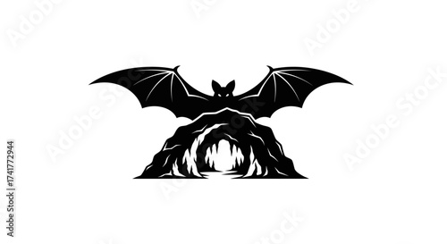 Mysterious bat silhouette guarding the entrance to a dark cave illustration