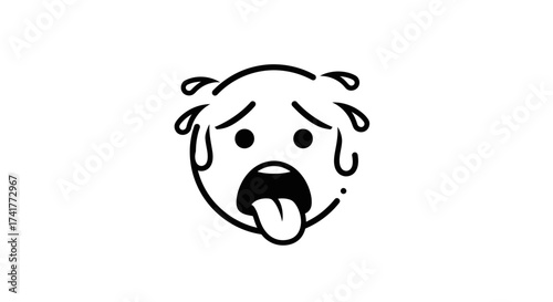 Exhausted cartoon face with sweat dripping down the forehead and tongue out indicating fatigue and