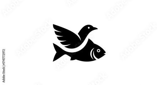 Conceptual logo design featuring a bird gracefully merged with a fish silhouette symbol