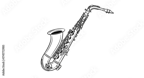 Illustration of a saxophone with intricate line work capturing musical artistry and design