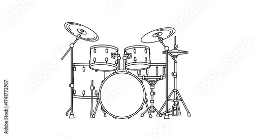 Detailed line art illustration of a complete drum set, perfect for music enthusiasts and learning