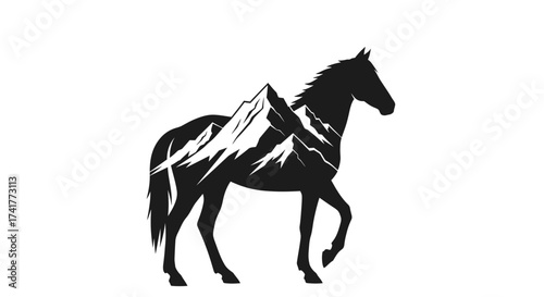 Horse silhouette with mountain range, symbolizing freedom and nature's beauty