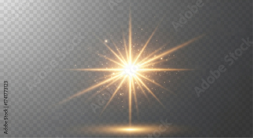 A brilliant starburst of golden light, radiating energy and sparkle. Captured in a photorealistic, high-quality style. overlay texture for your design. 