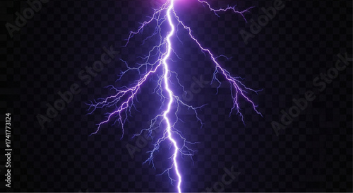 showcasing a single bolt of lightning with a dazzling purple hue, streaking across the sky in a striking display of atmospheric energy. 