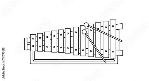 Detailed xylophone outline drawing with mallets suitable for educational material and coloring books