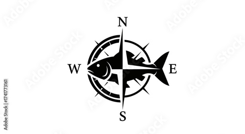 Intricate black and white logo showcasing a fish combined with a compass design, representing