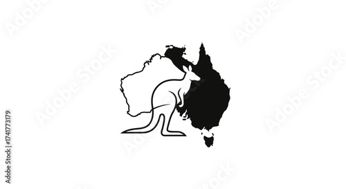 Stylized black and white illustration featuring a kangaroo and the map of Australia
