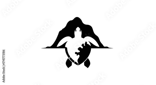Sea turtle and world map, monochrome logo design representing conservation and environmental