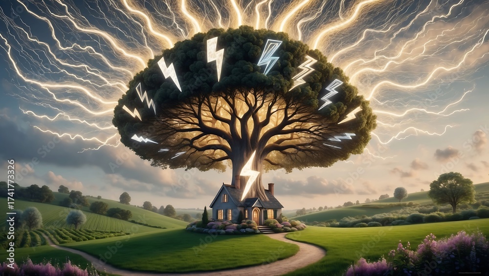 Fototapeta premium Tree with lightning strikes on a house in a green field landscape.