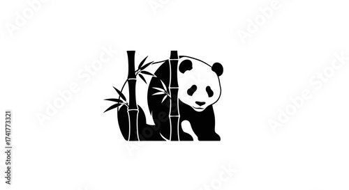 Silhouette of a panda bear nestled among bamboo stalks in a minimalist design