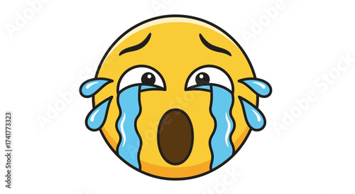 Cartoon vector image of a crying yellow emoji with tears streaming down its face, isolated on a