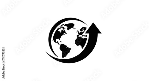 Global growth and rising trends represented by earth icon with arrow pointing up