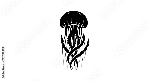 Elegant black and white jellyfish illustration, suitable for tattoo designs and branding projects